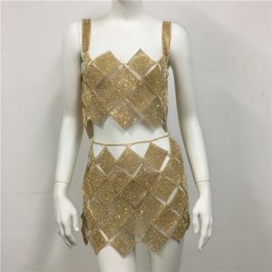 Sequare Sequined Patchwork Crystal Halter Top Skirt Outfit Women Asymmetric Hem Backless Crop Metal Chain Party Club Suits