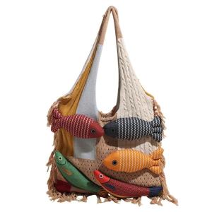 Trendy Patchwork Fish Pattern Oversized Knit Bag Multipurpose Carryall For Daily Use Laptop Books Cosmetics Practical Polyester Construction