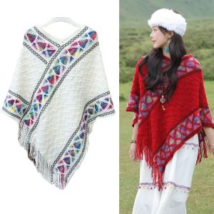 NALANILI Winter Warm Knitted Pullover Shawl Ethnic Style Elegant Rhombic Stripe Tassel Shawl Fashion Coat Overlays For Women