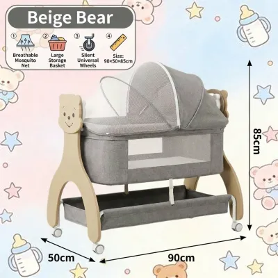 Baby Electric Cradle Bed with 5 Speed Levels Remote Control Bluetooth Music Mosquito Net Storage Basket & 360° Wheels