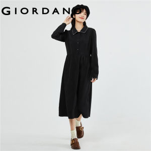 GIORDANO Women Dresses Contrast Color Edge Collar Dresses Long Sleeve Half Button Gentle Fashion Casual Shirt Dresses 13463663