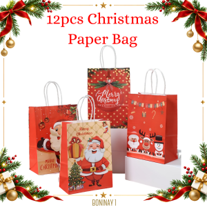 12Pcs Paper Bag Christmas Prints Paper Bag Christmas Gift Bags Holiday Party Packaging 21x15x8cm