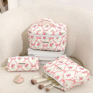 Cotton Quilted Cosmetic Bag Bow Flower Makeup Bag   Aesthetic Womens Large Floral Storage Bag