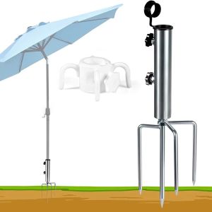 LE VICTORY with Hanging Hook Camping Umbrella Base 4 Nails Portable Metal Ground Base Heavy Duty Rust-proof Beach Parasol Rod Stand Tent Accessories