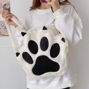LUSIT White Puppy Cat Paw Backpack Plush Adjustable Straps Handbag Kawaii Big Capacity Shoulder Bag For Girls Women