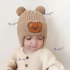 Topi kupluk bayi pom pom perempuan motif beruang bear topi bayi cewek umur 3 bulan sampai 2 tahun