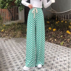 Quần Ống Suông Tăm Kẻ Sọc Ngang Cạp Chun Đây Đen