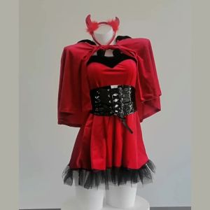 Womens Winter Red Dress Maid Uniform Mrs. Claus Santa Costume Christmas Dress With Hooded Cape Lady Cosplay Suit Nightwear