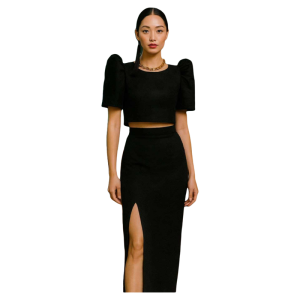 Elegant Black Puff Sleeve Crop Top with Split Front and High Waist Skirt Set