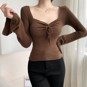 ⚡Port⚡ blouses women new style 2025 Slim Long Sleeved T-shirt Women Flared Sleeved Short Bottoming Shirt Drawstring Lace-up Top