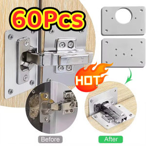 【60Pcs】Cabinet Hinge Repair Plate with 6Pcs Screws Stainless Steel Hinge Repair Brackets Kit for Furniture