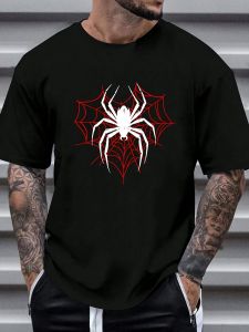 Mens 180g Heavyweight 100% Cotton T-Shirt with Red Spider Web & Black Spider Graphic Print - Casual Round Neck Short Sleeve Summer Tee for Halloween Themed Events & Casual Attire - Breathable & Machine Washable
