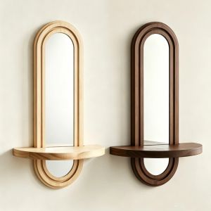 BLACKON Multifunctional Boho Wall Mirror Space-Saving Arched Wooden Wall Shelves Modern Geometric Design Oval Makeup Mirror for Bedroom