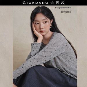 Giordano Women Polka dot lettuce trim long sleeve tee Free Shipping 18326715