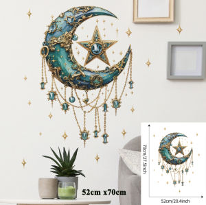 Islamic Gold Moon and Star Wall Sticker 66x67cm Ramadan Kareem Eid Mubarak Decoration Decal Removable Self Adhesive Vinyl Wall Art for Living Room Bedroom Prayer Room Mosque Festival Party Decoration Elegant Muslim Home Decor