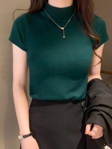 เสื้อยืดแขนสั้น คอสูง ผ้าถัก แบบบาง ขนาดใหญ่ แฟชั่นฤดูร้อน สําหรับผู้หญิง