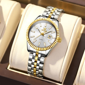 OLEVS 5593 Women Quartz Fashion Watch Gift Round-dial Stainless Steel Watchband Wristwatch Calendar