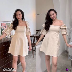 TW22783  เดรสปาดไหล่แขนระบาย ..