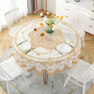 Golden Round Tablecloth Waterproof Oilproof PVC Table Cover for 2/4/6/8 Seats No Slip Table Mat Easy to Clean For Home Kitchen Decoration
