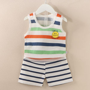 Summer new Korean version of childrens vest set boys and girls baby cute cartoon thin casual sleeveless vest shorts loungewear baby boys 0-1-2 -3 years old baby clothes childrens clothing