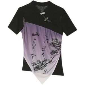 REHIN Womens top Niche design vintage plate button short sleeve shirt mesh slim fit elegant blouse