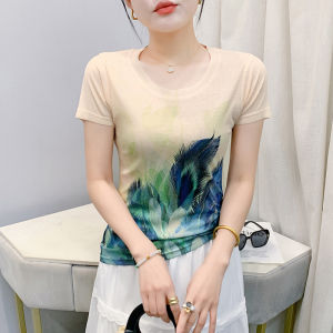 Yimei 2025 Mùa Hè Quần Áo thời trang mới Định Vị in hình thú Áo Thun Tay Ngắn Lớn Áo Thun Cơ Bản ôm vừa Khí Hàng Đầu Cho Phụ Nữ