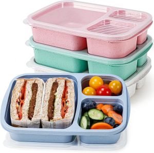 Caperci Bento Lunch Containers for Adults & Kids - 3-Compartment Reusable Meal Prep Containers with 2Pc Sauce Containers for School Work Travel Wheat Straw Set of 4 (Jewel Brights)