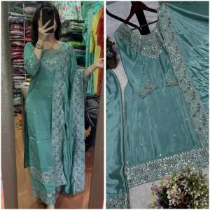 [PRE-ORDER] Ready Made Pure Chinon Silk. Kurti With Palazzo And Dupatta Suit (10-15days delivery)