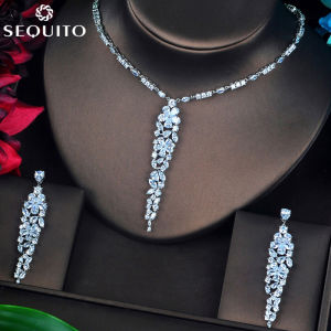 SEQUITO Bộ Vòng Cổ Hoa Tai Lủng Lẳng Dài Đính Kim Cương CZ Hoa Quyến Rũ Bộ Trang Sức Dự Tiệc Vũ Hội Thanh Lịch Mạ Vàng Trắng Cho Phụ Kiện Nữ SJ077