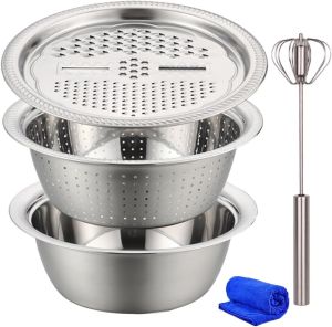 Germany Multifunctional Stainless Steel Basin3-In-1 Multifunctional Stainless Steel Basin Strainer SetMpp8 German Stainless Steel Shredding & Drainage Chopping Basin (10.24In)