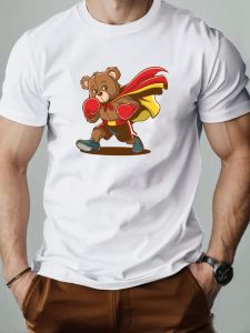 Man Short Sleeve T-shirt 100% Cotton Boxing Bear Cartoon Print T Shirt Round Neck Breathable Casual Fashion High Quality Tee‌