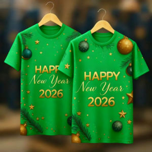 เสื้อยืดคู่รักธีมปีใหม่2026คู่กับพื้นผิวฟอยล์สีทองสีฟ้าเข้มเสื้อแขนสั้นพิมพ์ลายตกแต่งปีใหม่เครื่องแต่งกายที่ตกแต่งบ้านบรรยากาศคริสต์มาสปีใหม่ S-5XL ไซส์สูงสุด