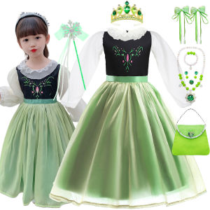 Girls Anna Princess Dress Autumn Winter Long Sleeve Princess Costume Luxury Sequin Print Green Elegant Gown Carnival Outfit