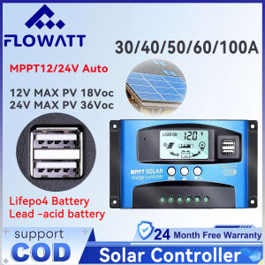 Flowatt MPPT NEW Solar Charge Controller 30A 40A 50A 60A 100A Dual USB LCD Display Auto 12V 24V Warranty Service Solar Cell Panel Charger Regulator with Load BL series