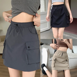 Womens Summer Elastic Waist Drawstring Cargo Mini Skirt with Side Flap Pockets High Waist Flared Skirts for Casual Wear