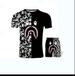 2023 สไตล์ญี่ปุ่น bape ฉลามหัวพรางแฟชั่นวัยรุ่นกีฬาแขนสั้นชุด T เสื้อ 3d การพิมพ์ดิจิตอล Fe417