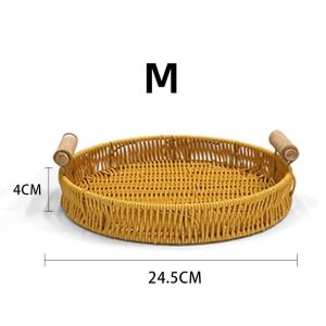 Rattan Storage Basket With Wooden Handle Woven Serving Tray Bread Fruit Snack Organizer Kitchen Dining Table