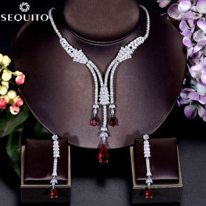 SEQUITO Exclusive Design Bridal Ruby Jewellery with Red Teardrop Stone Wedding Women CZ Long Tassel Choker Necklace Earrings Set Dress Accessories SJ072
