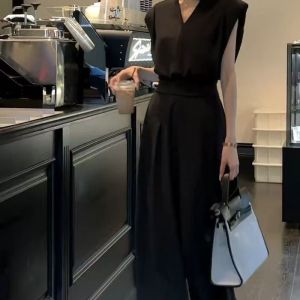 Muuv Elegant Women Two Piece Set Sleeveless Top + High Waist Wide Leg Pants Korean Style Office Wear Casual Chic Outfit