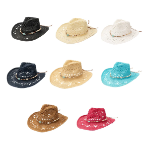 Handcraft Straw Hat for Vacation Hollowout Sunproof Hat with Bead Band Bohemian Panama Hat for Beach and Music Festival