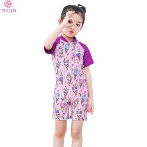 TEQIN IN stock Girl Kid Jumpsuit Swimwear Cartoon Fast Dry Surfing Short Sleeve Beachwear for 3-12Y
