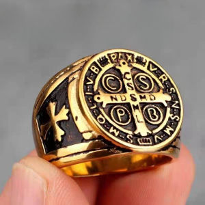 St Benedict Exorcism Mens Bull Ring Stainless Steel Catholic Roman Cross Protection Ghost Gold Plated