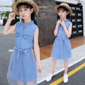 Royal Blue Kids Girls Denim Dress Korean Version Dresses Sleeveless Outfit Dress For 3-6-9-12-15 Years Old