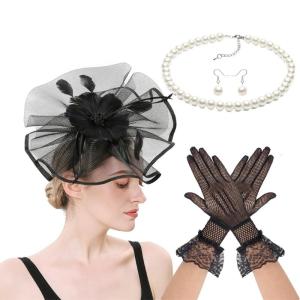 Phong cách đua ngày Mũ sắt thiết lập với fascinator hat găng tay Vòng cổ bông tai cho ngoài trời bữa tiệc chủ đề thu thập