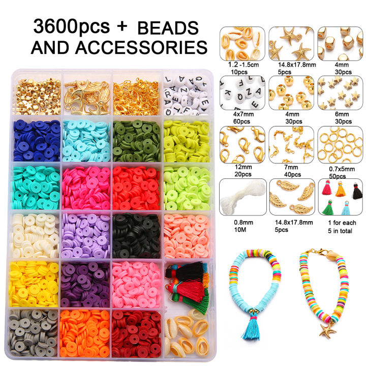 3600pcs/Box 6mm Flat Round Polymer Clay Spacer Beads Kit with Charms  Elastic String Clasp for Jewelry Making Bracelets Necklace Earring DIY  Craft Kit
