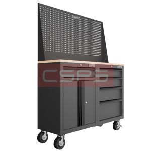 Bộ 2 Tủ dụng cụ CSPS 122cm màu đen mặt ván gỗ kèm vách lưới - 05 hộc kéo (tay cầm đen)