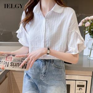 IELGY womens summer fashion thin white chiffon short sleeve shirt