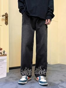 Y2K Vintage Flame Printed Jeans For Men Baggy Streetwear Wide Leg Denim Trousers 2026 New Hip Hop Fashion Straight Pantalones2026