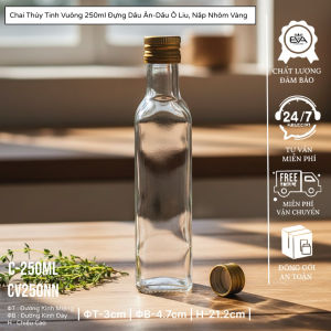 Chai Vuông Thủy Tinh 250ml Nắp Nhôm Vàng Đựng Dầu Ô Liu Nước Mắm