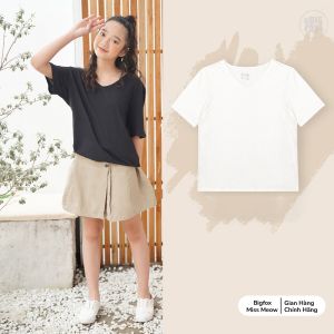 Áo bé gái size đại mặc mùa hè BIGFOX - MISS MEOW vải cotton mềm mịn dáng rộng cổ tim cỡ trẻ em 12131415 tuổi
